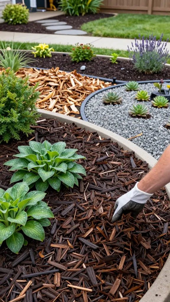 A realistic, high-resolution photo of a beginner-friendly low-maintenance garden featuring fresh mulch as the star. Foreground shows a gardener’s gloved hand spreading a 2–3 inch layer of rich, dark shredded bark mulch around drought-tolerant perennials and small shrubs, with a clean mulch edge defining a neat curved garden bed. Midground includes patches demonstrating three mulch types side-by-side: shredded bark around hostas and daylilies, dark compost in a vegetable/flower bed with soil organisms hinted, and a minimalist gravel section with succulents and lavender for a xeriscape look. A simple drip irrigation line peeks through for water efficiency. Soft morning light, slightly dewy foliage, and a recently weeded, polished appearance emphasize the “easy beauty” theme. Background shows a tidy suburban yard with a mulched path, a couple of stepping stones, and a wooden fence, all conveying low maintenance and yearly refresh. Shallow depth of field, natural color grading, ultra-detailed textures of mulch layers, soil, and plant leaves. No text.