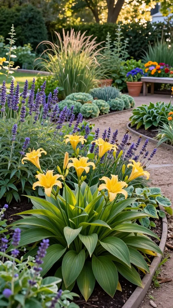 A realistic, high-resolution backyard garden at golden hour showcasing a lush, low-maintenance perennial landscape as the main subject: sweeping drifts of mature daylilies and hostas in the foreground with glossy, layered foliage; clusters of purple-blue salvia and airy lavender catmint buzzing with bees along a curving mulch path; sculptural sedum and mixed ornamental grasses (feather reed, blue fescue) adding texture and movement toward the midground; a few simple terracotta pots near a cedar bench holding bright annuals for a small pop of seasonal color. Soft, warm sunlight filters through light tree cover, casting gentle shadows and highlighting leaf texture and flower spikes. Naturalistic, slightly elevated eye-level perspective, shallow-to-moderate depth of field, vivid yet true-to-life colors, no people, no text, hyper-detailed plant textures and garden structure, DSLR quality.