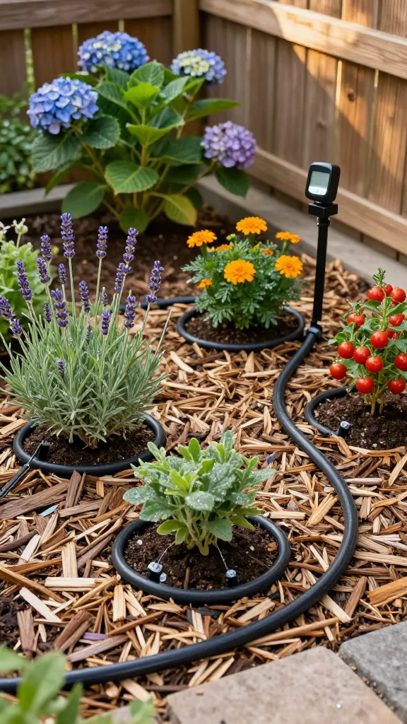 A realistic, high-resolution photo of a low-maintenance beginner garden showcasing soaker hoses and a simple drip irrigation setup in action: a small backyard raised-bed garden with easy-care plants (lavender, dwarf hydrangea, marigolds, and cherry tomatoes) arranged in neat clusters. Black soaker hoses snake around the base of each plant, partially tucked beneath a thin layer of natural wood-chip mulch, with visible moist soil rings around stems indicating targeted watering. A compact battery-operated digital timer is attached to an outdoor spigot on a cedar fence, with a Y-splitter leading to the hoses. Early morning golden light, soft shadows, and a few dewdrops on leaves; leaves are dry while soil at the root zone looks damp, emphasizing reduced fungal risk. Include realistic details: hose connectors, mulch texture, drip emitters on a short line to the tomato plant, and clean garden edges with stepping stones. Shallow depth of field focusing on the hose at the plant base and the timer on the spigot, natural color grading, no people, no text.