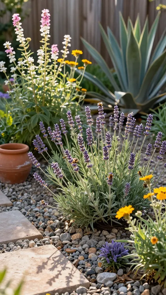 A sun-drenched, low-maintenance backyard garden showcasing drought-tolerant plants as the star: a naturalistic gravel bed with clusters of lavender, Russian sage, and rosemary buzzing with bees; airy white-and-pink gaura and golden blanket flowers adding long-lasting color; sculptural agave and tight rosettes of hens-and-chicks providing bold texture. Include a simple stone path, a weathered terracotta pot, and a muted wooden fence in the background. Golden-hour light, realistic detail with soft shadows, slight breeze movement in flower spikes, no irrigation visible, crisp high-resolution botanical close-up within a wider scene to emphasize “low-maintenance garden” beauty.