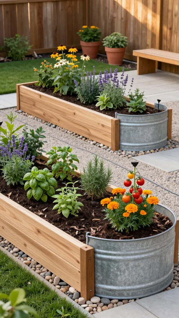 Golden-hour backyard scene showcasing low-maintenance raised garden beds and galvanized stock tanks used as planters. Two sleek, rectangular cedar raised beds and one large oval galvanized stock tank are arranged in a clean geometric layout on a compact gravel patio bordered by neatly edged lawn. The beds are filled with rich dark soil, topped with fresh bark mulch, and planted densely: one with mixed culinary herbs (basil, thyme, rosemary), one with tidy perennial clusters (echinacea, lavender, hosta), and the stock tank with colorful cherry tomatoes staked neatly alongside marigolds for companion planting. Drip irrigation lines are subtly visible, and small river stones create a simple path between beds. The setting includes a modern wooden fence, a couple of terracotta pots, and a low garden bench. Soft natural light, crisp details, realistic textures of galvanized metal, wood grain, mulch, and plant foliage; shallow depth of field emphasizing the planters; no people, no text; high-resolution, editorial-quality garden photography.