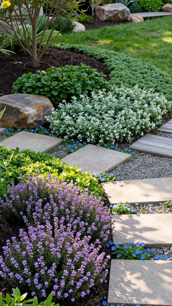 Realistic high-quality photo of a beginner-friendly low-maintenance garden showcasing a lush tapestry of groundcovers replacing a traditional lawn. In the foreground, a sunlit area features a dense, flowering carpet of creeping thyme with tiny purple blooms and patches of mazus forming low green mats. Meandering stone stepping-stones are set into the ground with blue star creeper neatly filling the gaps. To the side, a shaded section under small ornamental trees displays glossy pachysandra and feathery sweet woodruff with delicate white blossoms. A gentle slope planted entirely with groundcovers shows how they stabilize soil and eliminate mowing, with no grass in sight. Include a few naturalistic boulders, a short modern wood-and-gravel path, and soft morning light that highlights varied textures. Color-balanced, sharp focus, shallow depth of field, realistic plant details, no people, no text.