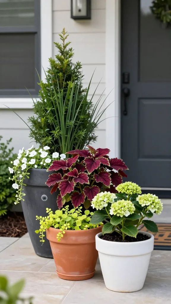 Realistic, high-quality outdoor photo of a low-maintenance beginner-friendly garden vignette centered on big containers for instant style: three large planters clustered by a modern front door—one tall charcoal ceramic, one medium terra-cotta, one small matte white—arranged on a clean stone porch with subtle afternoon light. Main subject: easy-care container garden. Thriller-filler-spiller recipe is clearly visible: the tallest pot features an upright ornamental grass (compact miscanthus) or a small boxwood shrub as the vertical thriller; the medium pot overflows with rich burgundy heuchera and variegated coleus as fillers; the smallest pot includes a miniature dwarf hydrangea with soft green buds. Chartreuse creeping jenny and trailing white bacopa spill over the rims of two pots. The potting mix looks rich and well-aerated, with a discreet self-watering reservoir indicator on one planter. Soft, mulched, low-maintenance planting beds and a simple pathway frame the scene; no digging mess. Natural, slightly overcast lighting, shallow depth of field, crisp detail, true-to-life colors, lifestyle realism, 50mm lens perspective. No text.