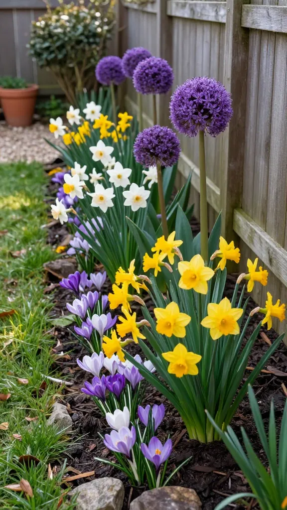 Early-spring backyard garden bursting from “set-and-forget” fall-planted bulbs: a sunlit, realistic, high-resolution photo of a low-maintenance flower bed along a simple wooden fence. Foreground drifts of cheerful yellow daffodils bloom abundantly, surrounded by clusters of purple and white crocuses peeking through fresh green grass. Mid-ground features tall, spherical violet allium flower heads rising on slender stems, adding architectural height. Subtle layering shows bulbs at different depths: crocus closest and lowest, daffodils mid-height, and alliums tallest toward the back. Soft morning light with gentle shadows, dewy textures on petals and leaves, rich, dark mulch between clumps, and a few natural stones edging the bed. Background hint of a cozy, low-maintenance garden: a simple gravel path, a terracotta pot, and leafing shrubs, all slightly out of focus for depth of field. Natural color palette, crisp details, no people, no text, hyper-realistic photography style.