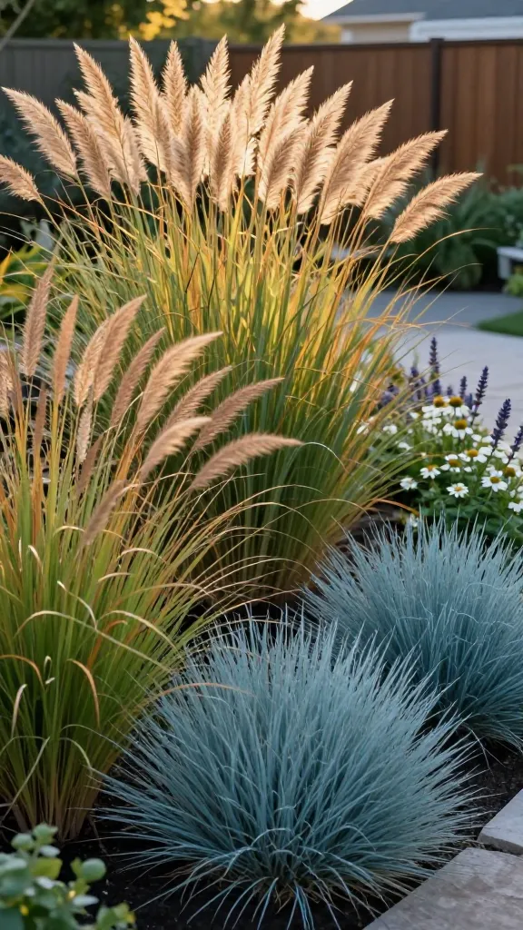 Realistic, high-resolution garden photo at golden hour showcasing a beginner-friendly low-maintenance garden dominated by ornamental grasses as the main subject: tall feather reed grass (Calamagrostis ‘Karl Foerster’) forming elegant vertical lines in gentle breeze, airy tan plumes catching warm side light; a drift of native switchgrass (Panicum virgatum) with upright yet slightly arching habit, blue-green summer foliage transitioning to amber; compact mounds of blue fescue (Festuca glauca) in the foreground with icy-blue, fine-textured blades for contrast. Grasses arranged as rhythmic repeats along a curving bed, acting as a soft backdrop to a few understated perennials (e.g., white coneflowers and lavender) without stealing focus. No pruning clutter—clean, mulched soil surface with natural stone edging. Suburban backyard setting with a blurred wooden fence and a hint of a modern patio in the background. Slight motion blur on grass tips to convey movement, shallow depth of field, natural color grading, crisp detail, soft backlighting creating luminous halos around seed heads, 50mm lens look, ultra-realistic photographic style.