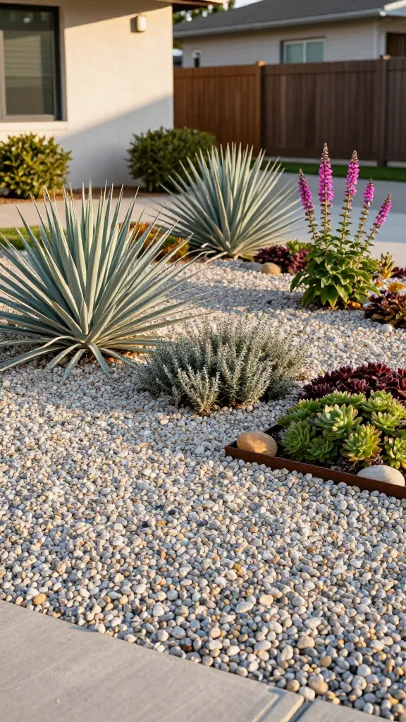 Golden late-afternoon sunlight over a stylish Mediterranean-inspired gravel garden in a suburban front strip by the sidewalk, showcasing a drought-tolerant design that “laughs at drought.” Foreground: a clean layer of 2–3 inches of compacted, pale pea gravel with subtle natural variation, crisply edged against a concrete curb. Planting pockets feature mature, sun-loving drought stars: clumps of silvery-blue yucca with architectural sword-like leaves; carpets of low, blooming thyme spilling between stones; fleshy sedum rosettes in mixed greens and burgundy; and upright penstemon with airy flower spikes in soft magenta. A few naturally placed warm-toned river stones and a small rusted steel edging strip add texture and structure. No visible weeds, with the gravel clearly suppressing growth and allowing excellent drainage. Background includes a modern, light-colored stucco facade and a simple wooden fence, reinforcing the chic, low-maintenance look. Strong, realistic detail: crisp plant textures, tiny gravel shadows, sun warmth reflecting off the stones, and a shallow depth of field that keeps the midground plantings tack sharp while softly blurring the house. Photorealistic, high resolution, natural color grading, 35mm lens perspective. No text.