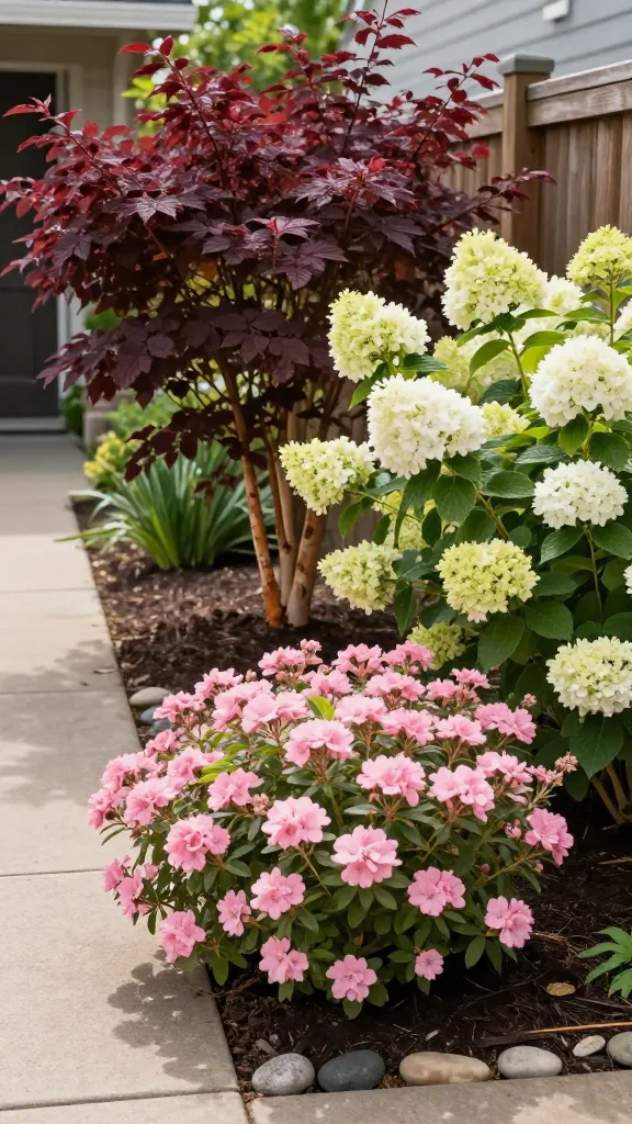 Realistic high-quality photo of a low-maintenance beginner garden showcasing multitasking shrubs as the stars: a sunlit suburban front-yard border with spirea mounded in the foreground covered in soft pink spring blooms, ninebark shrubs behind it displaying deep burgundy foliage and peeling cinnamon-colored bark, and Hydrangea paniculata to the side with large creamy-white cone-shaped panicles turning slightly lime. The shrubs are arranged as anchor plantings flanking a simple front path and along a wooden fence, with clean mulch, minimal edging, and a few river stones for texture. Soft morning light, gentle depth of field, natural colors, and no visible signage or text. Include a tidy entryway in the background to emphasize ease and curb appeal, with no people, tools, or complex hardscaping—just thriving, low-maintenance shrubs filling space and creating impact.