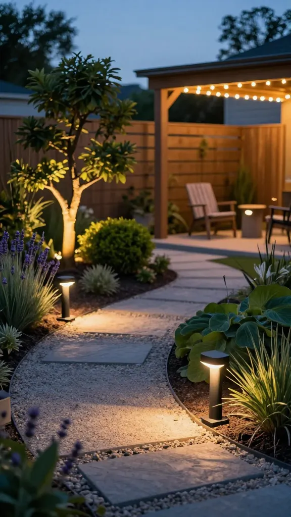 Twilight backyard garden scene showcasing low-maintenance design with automatic lighting: a winding gravel path lined with sleek solar path lights casting warm pools of light; subtle low-voltage uplights illuminating a sculptural ornamental tree and a bold statement shrub; soft string lights draped across a modern wooden pergola and along a horizontal-slat fence; simple, drought-tolerant planting beds with lavender, ornamental grasses, and hostas; clean stepping stones, a small seating nook with two weathered teak chairs and a side table; warm ambient glow suggesting timers are set; realistic photography, shallow depth of field with crisp foreground details, soft bokeh in background, golden-blue hour sky, high dynamic range, natural shadows, 35mm lens, ultra-realistic, high-resolution.