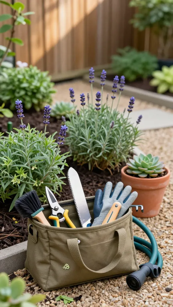 Realistic, high-resolution lifestyle photo taken outdoors in soft morning light of a small, tidy beginner-friendly garden corner with lush, low-maintenance plants (boxwood, lavender, ornamental grasses, and a few terracotta pots with succulents). In the foreground, an open khaki canvas garden tote neatly displays a tiny maintenance toolkit: clean bypass pruners, a compact folding saw, a stainless-steel hori-hori knife with depth markings, durable nitrile-dipped gloves, a small hand rake, and a lightweight, kink-free hose coiled beside the tote with a simple nozzle. A short-handled brush and a few plant labels peek from an outer pocket for realism. The scene conveys quick, five-minute upkeep: a few fresh clippings in the tote, minimal soil scatter, and a recently snipped stem on a lavender sprig. Background shows a sun-dappled wooden fence, a simple gravel path, and mulched beds with tidy edges—no clutter, no text. Natural color palette, shallow depth of field, crisp details on tools and textures, gentle bokeh on plants, photographed at eye level.