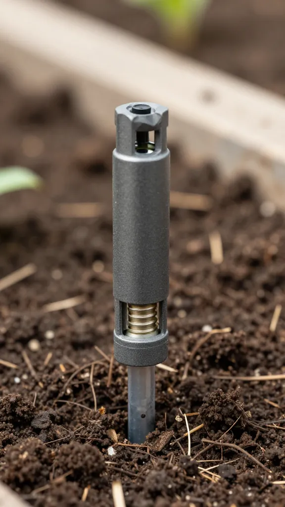 drip irrigation emitter on soil in raised bed, macro