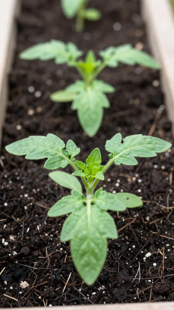 closeup of tomato seedling in raised bed soil