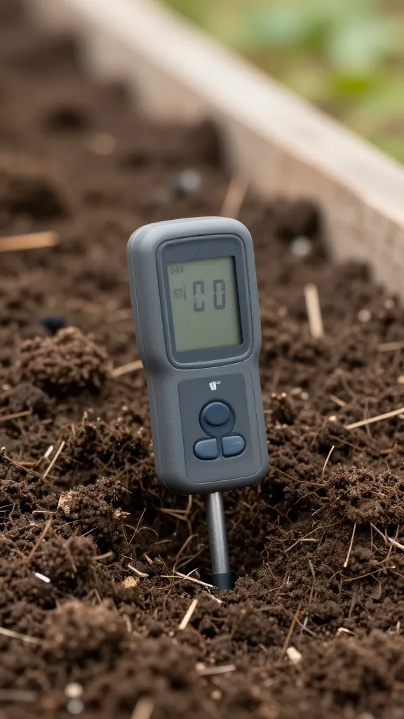 soil moisture meter inserted in raised bed soil