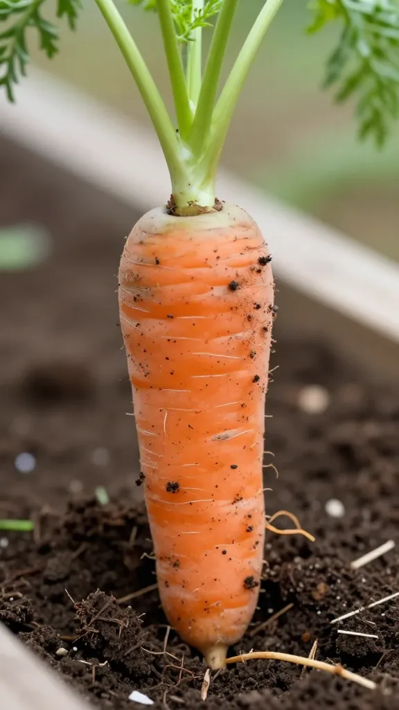 closeup of a single raised bed carrot pulled with soil clinging