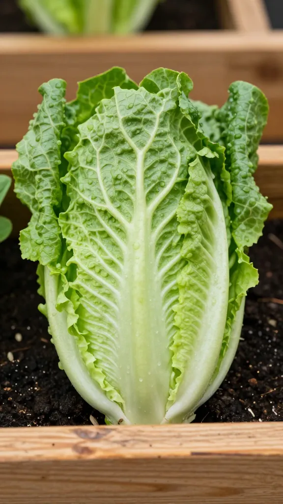 single compact romaine head in a cedar raised bed, dewy