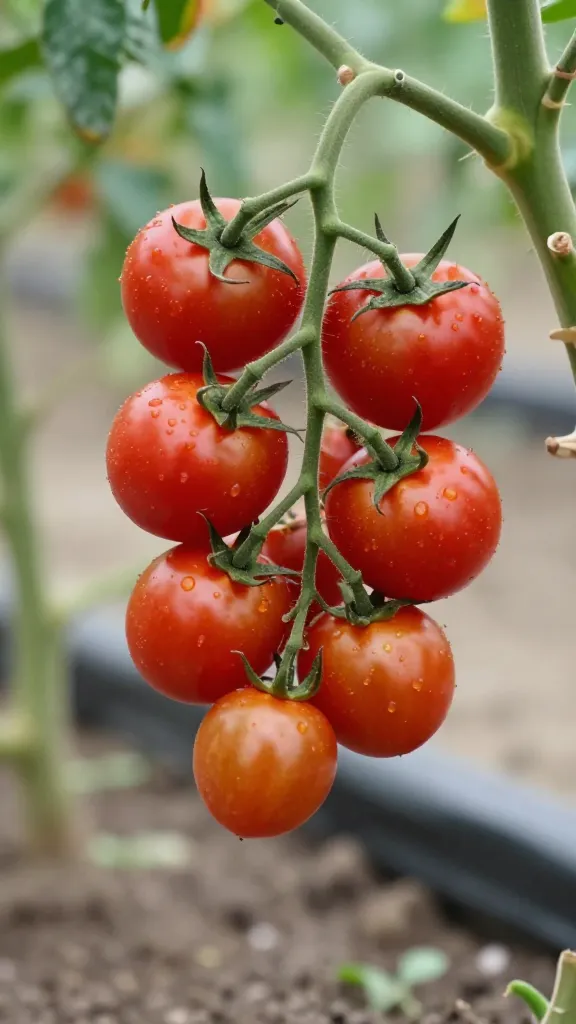 closeup of a lone ripe cherry tomato cluster on trellis in raised bed
