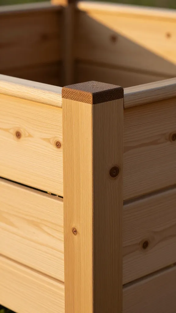 closeup cedar raised garden bed corner joint, golden hour