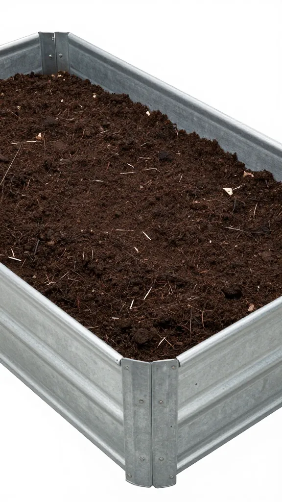 single galvanized steel raised bed with dark rich soil, overhead