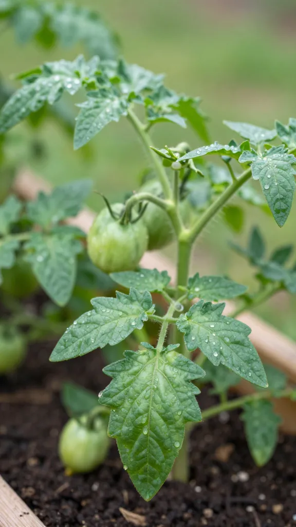 closeup trellised tomato plant in raised bed, morning dew