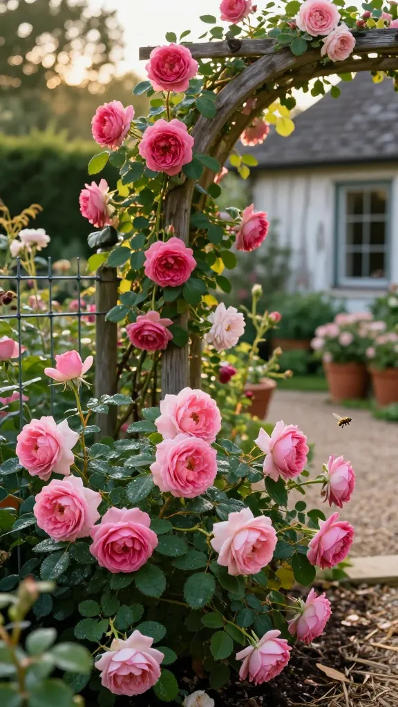 Golden-hour cottage garden scene featuring old garden roses as the star: lush, cabbagey blooms in varying stages of unfurling, with heavy, quartered petals and a romantic, slightly tangled growth habit. In the foreground, a vigorous ‘Gertrude Jekyll’ shrub rose with abundant classic medium-pink rosettes, dew-kissed petals, and glossy deep green foliage. Twining along a weathered wooden arch and rustic wire fence, ‘Madame Isaac Pereire’ displays large, raspberry-pink, richly cupped flowers on arching canes; nearby, ‘Cécile Brünner’ climbs lightly with clusters of tiny blush-pink pompon blooms. Sun-dappled light filters through, suggesting a warm, fragrant afternoon; soft bokeh in the background reveals a cottage facade with peeling white paint, a gravel path, and terracotta pots. Soil is dark and rich, with straw mulch; subtle pollinators like a honeybee and a hoverfly hover near the blooms. Color palette is natural and romantic—soft pinks, raspberry tones, blush, and deep greens. Composition emphasizes depth, texture, and the intoxicating realism of petal structure and foliage; ultra-detailed macro elements on select blooms, shallow depth of field, 50mm lens feel, high-resolution, realistic photography, no text.