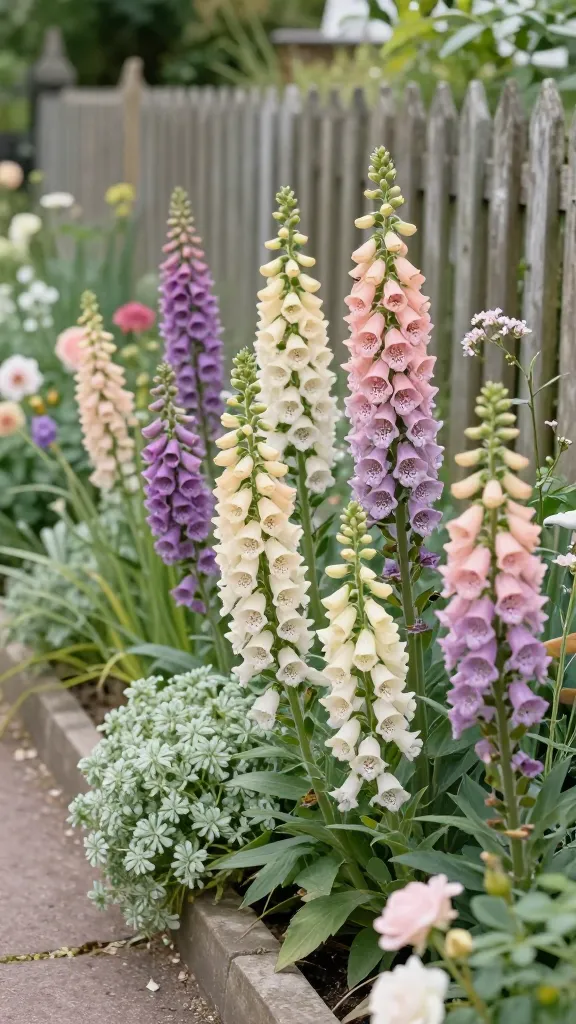 Early summer cottage garden border dominated by towering foxgloves like fairytale lanterns, their tall spires covered in hand-painted-looking, spotted bell flowers in a soft mix of apricot, blush pink, cream, and mauve. The plants are massed in gentle drifts for a layered, romantic effect, with soft morning light filtering through, bees hovering at the freckled throats of the blooms. A weathered picket fence and stone-edged path run alongside the border, with subtle, near-invisible staking supporting the taller stems in a slightly breezy scene. Surrounding textures include frothy lady’s mantle, airy grasses, and pale roses for added softness. Shallow depth of field, realistic color and detail, high-resolution natural light photography.