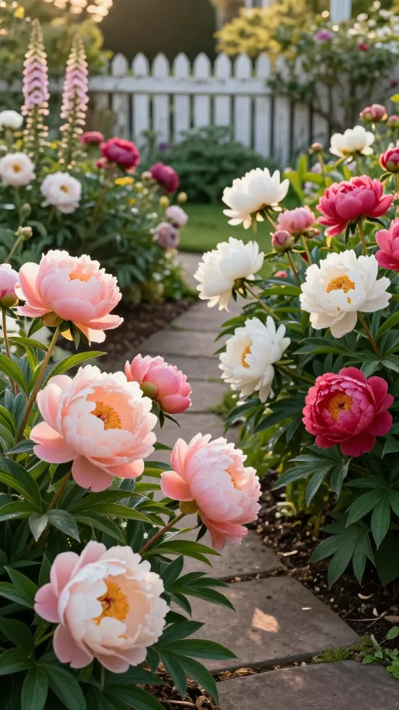 Golden-hour, high-resolution photo of a romantic cottage garden path lined with mature peony plants in peak bloom, featuring giant, silky peony blossoms that fluff like whipped cream in blush, coral, white, and deep raspberry hues. The scene shows herbaceous peonies forming lush, rounded border mounds along a flagstone path, with a few Itoh peonies mixed in displaying slightly sturdier, upright stems and broad, healthy foliage. Soft, diffused sunlight backlights the ruffled petals, creating a dreamy glow and subtle translucence; dew-kissed petals and fresh green, deeply cut leaves add texture. A narrow cottage path meanders through, inviting a close brush with the blooms to suggest catching their fragrance. Background includes a weathered white picket fence, pale pastel foxgloves, and muted greenery for depth, with shallow mulch kept light around the peony crowns to indicate correct planting depth. Natural color balance, shallow depth of field to gently blur the background, ultra-detailed petals and leaf veining, lifelike textures, no people, no text.