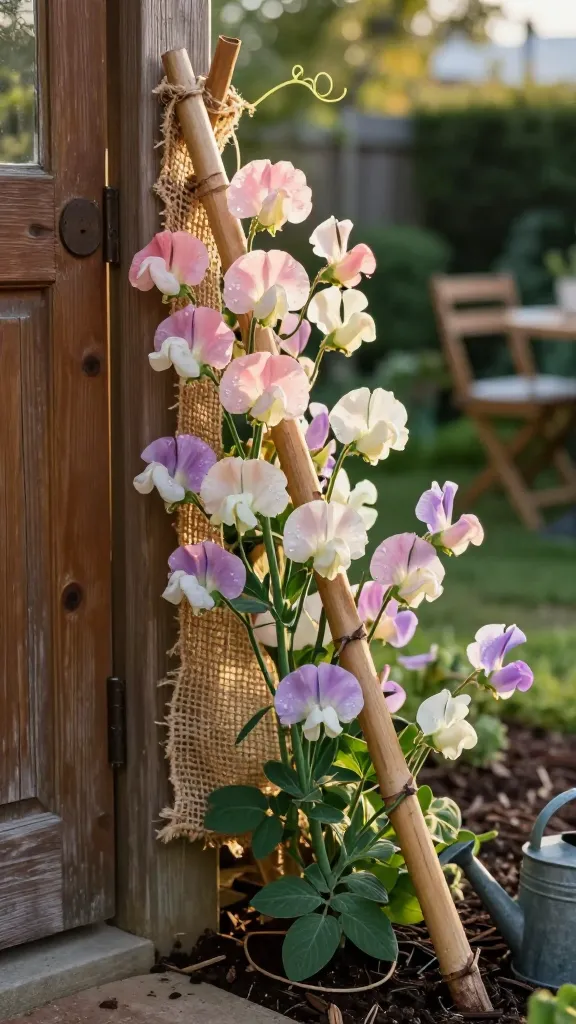 Golden-hour close-up of ruffled sweet pea vines climbing a rustic bamboo teepee beside a cottage doorway, blossoms in pastel shades of blush pink, lavender, and creamy white cascading over natural jute netting; dewdrops on petals, soft bokeh garden background with weathered wood door and a small bistro chair hinting at a seating area; rich, well-drained soil at the base with evenly mulched surface and a discreet watering can nearby; tendrils curling around twine, fresh green foliage, and newly snipped stems implying daily deadheading; warm, diffused sunlight catching the translucent petals, realistic depth of field, ultra-high-resolution, natural color grading, lifelike textures, no text, photo-realistic garden photography style.