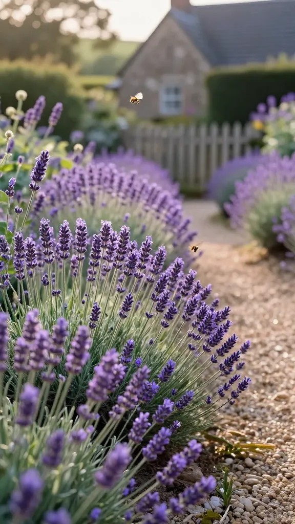 Golden-hour cottage garden path edged with lush lavender in full bloom, creating a soft, misty purple haze. Foreground shows neat rows of compact ‘Hidcote’ lavender with deep violet spikes, mid-ground drifts of taller ‘Provence’ swaying in the breeze, and a few clumps of Spanish lavender with distinctive bunny-ear bracts for contrast. A narrow gravel path winds through, sunlit and inviting, with a rustic picket fence and weathered stone cottage in the background. Honeybees and butterflies hover among the blossoms, capturing the pollinator appeal. Warm, natural light, shallow depth of field highlighting the lavender texture and silvery-green foliage, realistic color grading, ultra-detailed 50mm photograph.