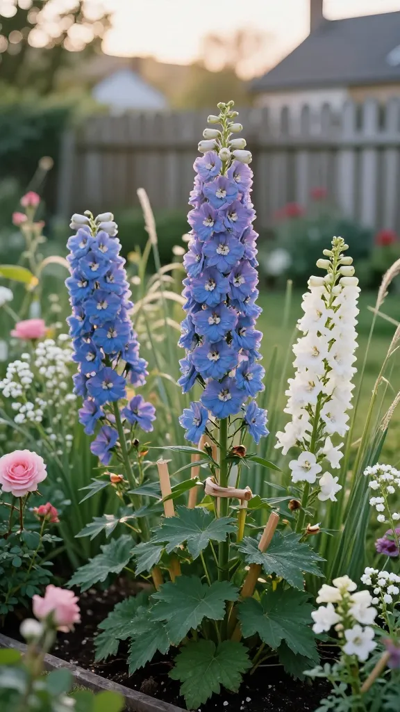 Golden-hour photograph of a lush cottage garden border showcasing towering delphiniums as the main subject, their tall spires painted in layered shades of sky blue, lavender, and crisp white. The delphiniums rise mid-to-back of the border like elegant skyscrapers, staked subtly with natural bamboo supports and soft garden ties, surrounded by soft-textured companions like airy pink roses, frothy white gypsophila, and pale foxgloves. Dew-kissed petals and fine veining are sharply detailed, with a shallow depth of field that keeps the delphiniums in razor focus against a dreamy, slightly blurred background of a weathered picket fence and distant cottage. Rich, well-mulched soil and healthy, deep-green foliage hint at attentive feeding; a few spent spikes are neatly cut back while fresh buds promise a second flush. Warm, diffused sunlight backlights the blooms, creating a glow through the petals and gentle bokeh among swaying grasses. Realistic, high-resolution, natural color grading, no text, no people.