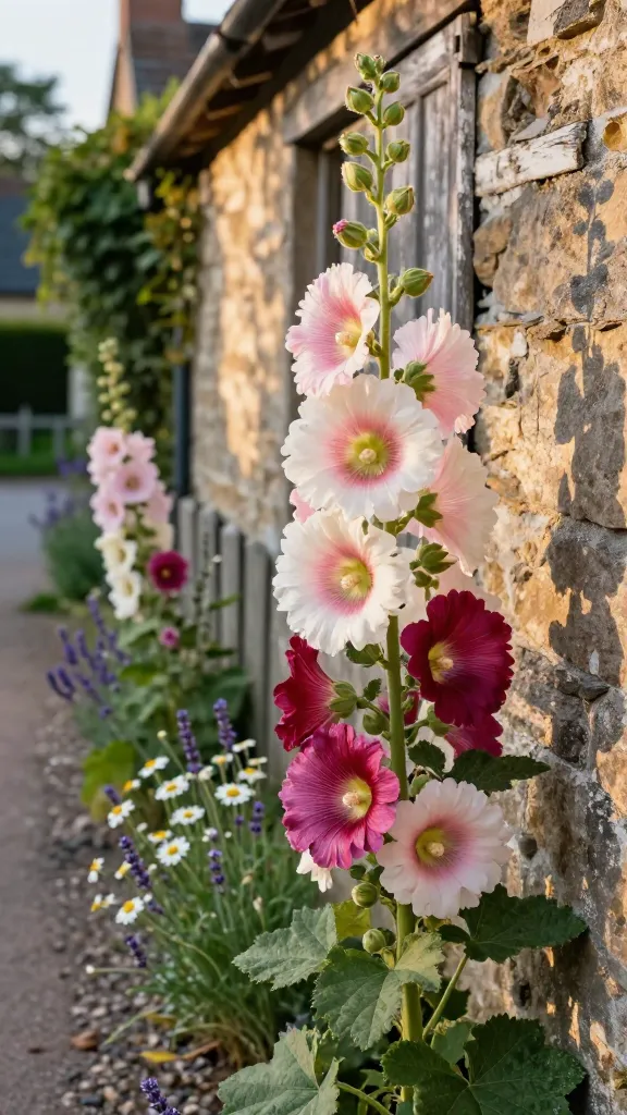 Golden-hour close-up of towering hollyhocks in full bloom leaning against a timeworn stone cottage wall along a narrow village lane, petals in soft pinks, creamy whites, and deep burgundy, with a mix of single and double blossoms on tall, slightly unruly spires dotted with fuzzy buds and round seed pods; a rustic wooden fence runs parallel behind them with dappled sunlight, weathered paint, and climbing ivy; a gravel path edged with wild daisies and lavender leads into the background where more hollyhocks self-seed in casual clusters; soft, warm, natural lighting, shallow depth of field with creamy bokeh, highly detailed textures of petals and leaves, realistic fine-grain photo, 50mm prime lens aesthetic.