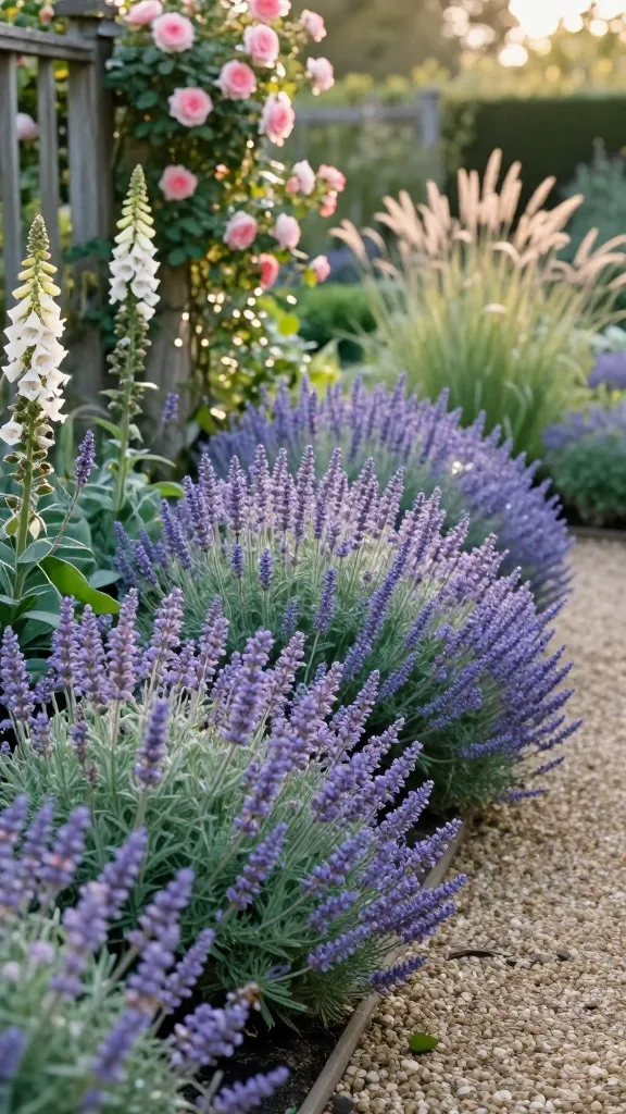 Golden-hour cottage garden path edged with billowy masses of catmint (Nepeta), forming cloud-like lavender-blue mounds that spill gently onto a gravel walkway; mix of ‘Walker’s Low’ in neat, compact cushions up front and ‘Six Hills Giant’ in taller, looser drifts behind. Soft-focus romantic backdrop with blush climbing roses on a weathered trellis, pale foxgloves, and airy ornamental grasses; bees visibly foraging among the catmint blooms. Dappled sunlight, warm tones, slight breeze movement in the flower spikes, dewy textures on silver-green foliage. Realistic, high-resolution botanical detail, shallow depth of field, natural color grading, cottage garden setting, no people, no text.