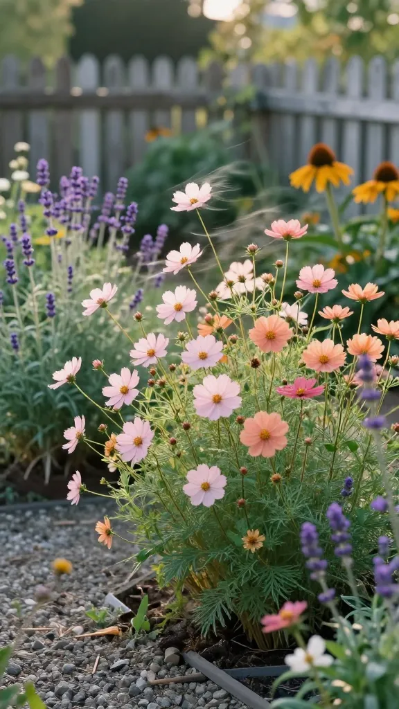 Golden-hour cottage garden scene featuring a soft drift of cosmos as the star attraction, their floaty, papery petals dancing in a light breeze. Focus on two varieties: pale blush ‘Cupcakes and Saucers’ with teacup-shaped blooms and warm ‘Apricotta’ in apricot-to-rose ombré, interwoven through sturdier perennials like lavender and coneflower to add movement. Massed plantings fill gentle gaps along a gravel path beside a weathered picket fence, edges softened by airy foliage. Plants are pinched for bushier, branching forms with abundant buds and flowers at varied heights. Dew-kissed petals, fine feathery leaves, and seedheads catching side light. Realistic, high-resolution outdoor photography, shallow depth of field with creamy bokeh, soft warm tones, natural color grading, subtle breeze motion implied by slightly angled stems. No people, no text.