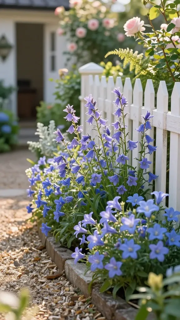 A sunlit cottage garden border brimming with Campanula (bellflower) in peak early-summer bloom, showcasing both Campanula persicifolia with slender, elegant spires of pale lavender-blue, starry bell-shaped flowers and Campanula carpatica forming neat, low mounds covered in open, sky-blue bells. The plants edge a narrow gravel path that curves past a white-painted picket fence and weathered stone edging, with soft, romantic companion foliage like silvery lamb’s ear and feathery fern fronds in the background. Warm golden-hour light creates gentle shadows and a dreamy glow, dew-kissed petals add subtle sparkle, and a shallow depth of field keeps the foreground blooms crisp while the cottage doorway and climbing roses blur in the distance. Hyper-realistic, high-resolution botanical detail, natural color palette, no people, no text.
