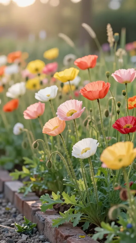 A romantic cottage garden in early summer, captured in soft golden-hour light, with a dreamy mass of poppies as the focal point: delicate Icelandic poppies in sherbet tones (peach, lemon, pale pink), towering Oriental poppies with giant crepe-like scarlet and coral blooms, and airy Shirley poppies in painterly singles of white, blush, and cherry with ruffled edges. The flowers appear like crinkled silk petals catching a gentle breeze, some blooms fully open, others just unfurling, and a few ethereal seed pods hinting at self-seeding. Include a naturalistic, slightly overgrown setting with weathered brick edging, gravel path, and soft green foliage interwoven with wisps of grasses and cottage perennials. Background softly blurred for bokeh, shallow depth of field, realistic color rendition, subtle sun flare, high-resolution macro detail on petals and fuzzy stems, no people, no text.