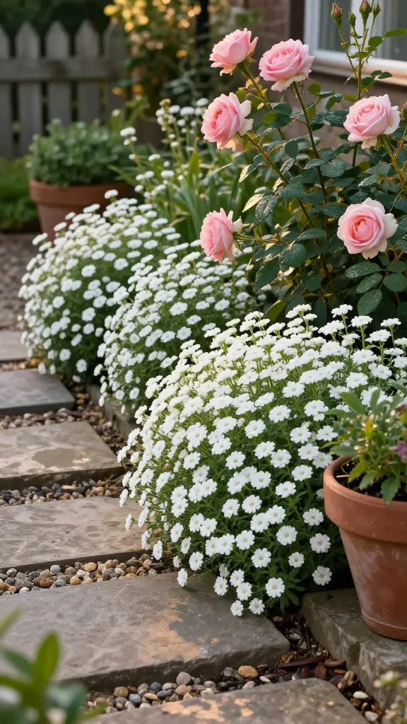 Realistic high-resolution garden photo at golden hour featuring Sweet Alyssum as the main subject, creating a dense, low carpet of tiny white, honey-scented blooms bordering a natural stone path and meandering stepping stones. The alyssum spills over the path edges and cascades from a few weathered terracotta containers into adjacent flower beds, acting as a soft, continuous “glue” between plantings. In the midground, blush-pink antique roses with dewy petals rise above the alyssum, their foliage lush and healthy, subtly suggesting a perfumed atmosphere. The scene is a small cottage garden corner with a picket fence softly out of focus, mixed textures of gravel and mulch, and gentle rim light illuminating the alyssum clusters. Shallow depth of field with crisp foreground detail on the alyssum flowers, natural color grading, lifelike lighting, no people, no text.