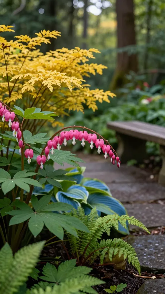 A serene woodland garden scene in early spring featuring a lush clump of Bleeding Heart (Dicentra spectabilis) as the focal point, its arching stems heavy with rows of pink, heart-shaped flowers tipped in white, glistening slightly with morning dew. Nearby, a contrasting Dicentra ‘Gold Heart’ displays luminous chartreuse-gold foliage that catches soft, dappled light filtering through tall trees. Surrounding understory plants include unfurling fern fronds and broad, blue-green hosta leaves that hint at summer fill-in after the bleeding hearts go dormant. A rustic wooden bench sits a few feet away on a natural stone path, inviting close-up viewing of the delicate blossoms. The composition is intimate and romantic, with shallow depth of field emphasizing the heart-shaped blooms, rich natural colors, gentle backlighting, and realistic textures of leaf veins, petioles, and moist soil. Shot as a high-resolution, natural-light, macro-leaning garden photograph, no text, ultra-realistic, soft bokeh background.