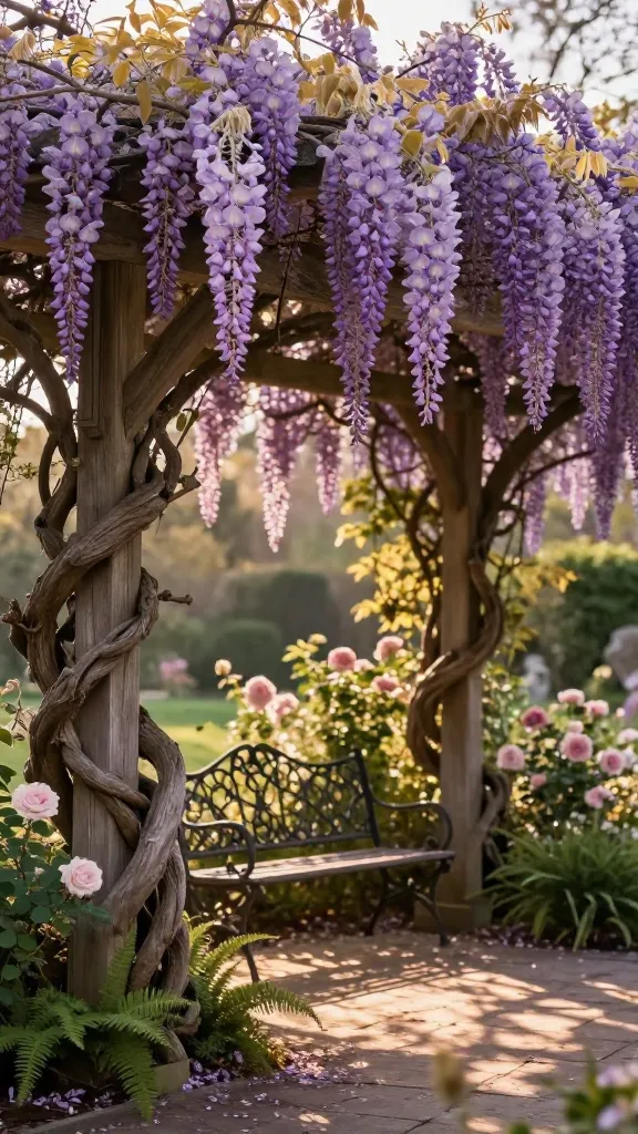 Golden-hour garden scene featuring a mature wisteria in full bloom cascading over a rustic wooden pergola, creating a dramatic lavender waterfall of blossoms. The vine’s thick, twisting trunks wrap powerful tendrils around heavy-duty supports, with romantic pendulous racemes draping over an arched pathway. Soft dappled sunlight filters through the blossoms, casting lilac-toned shadows on aged flagstone beneath. A vintage wrought-iron bench sits under the canopy, partially framed by climbing roses and ferny borders. Subtle breeze moves the flower clusters, and fallen petals dot the path for a dreamy, period-drama feel. Hyper-realistic photography, shallow depth of field, ultra-detailed textures of bark and petals, natural color grading, 50mm lens, high resolution.