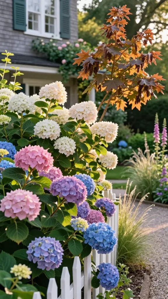 Golden-hour front yard cottage garden bursting with hydrangeas as the star, captured in a high-resolution, realistic photo. In the foreground, massive bigleaf hydrangea mopheads (Hydrangea macrophylla) in a mix of soft pinks, blues, and purples cluster along a white picket fence, their glossy, deep-green leaves catching dappled light. Midground features upright panicle hydrangeas (Hydrangea paniculata) with conical white-to-blush plumes glowing in warm sun, while to one side an oakleaf hydrangea (Hydrangea quercifolia) shows lacy, elongated cones and distinctive lobed foliage beginning to blush bronze for fall. A crushed-gravel path curves through, bordered by airy grasses and pastel cottage perennials (foxglove, catmint) for a soft, romantic feel. Soft bokeh background of a charming clapboard cottage with shuttered windows and a climbing rose. Natural light, shallow depth of field, crisp botanical detail, true-to-life colors, gentle breeze movement, photo-real, 50mm lens look. No text.
