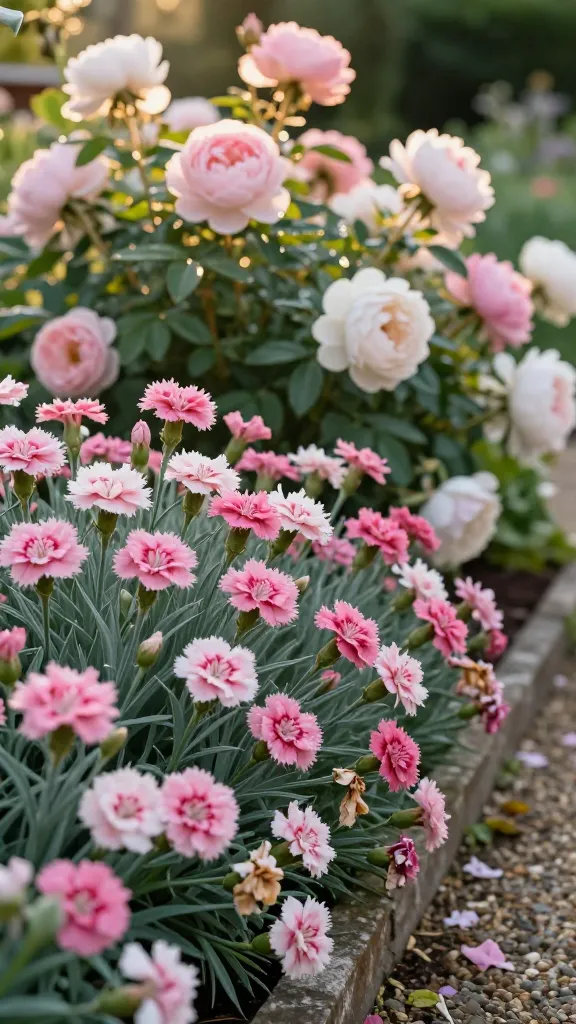 Golden-hour close-up of a romantic cottage garden border featuring abundant Dianthus (pinks) as a spicy-sweet edging in front of lush rose and peony shrubs; the Dianthus form a continuous ribbon along a narrow path, showcasing both single and double blooms with delicately fringed petals in shades of soft pink, blush, and white, nestled above dense gray-green, slightly silvery foliage; a few spent blooms show subtle evidence of deadheading, while fresh buds promise continued flowering; behind the edging, full, old-fashioned roses and peonies in complementary pastel tones create layered depth and softness; dewy petals, warm directional light, shallow depth of field with creamy bokeh, realistic textures of petals and foliage, natural cottage garden setting with weathered stone edging and gravel path, high-resolution photo realism, no text, 85mm lens look, ultra-detailed, soft yet crisp focus on Dianthus in the foreground.