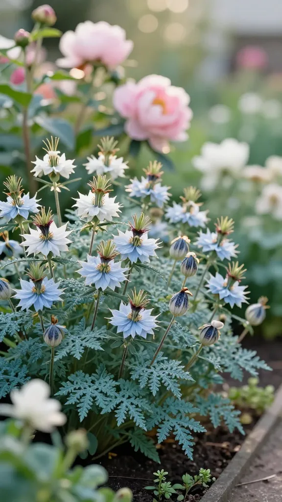 Realistic, high-resolution photo of a whimsical cottage garden border at peak late spring, featuring Nigella damascena (Love-in-a-Mist) as the main subject. Focus on airy, feathery, fern-like blue-green foliage lacing through the bed, with delicate papery blooms in a cool palette of white, sky blue, and pale pink. Include numerous lantern-like striped seed pods beginning to form among the flowers, hinting at their beauty for drying. Composition: shallow depth of field with a low, slightly oblique angle so Nigella threads between larger, softly blurred showier flowers behind (e.g., roses or peonies) to demonstrate gap-softening. Soft, diffused morning light with gentle backlighting to halo the filigree foliage and petals; subtle dew on leaves. Naturalistic planting with self-seeded drifts, no mulch showing, cottage-style path edge just out of focus. Ultra-realistic textures, true-to-life colors, fine detail on stamens and seed pod veining, bokeh background, 50mm lens look, no people, no text.