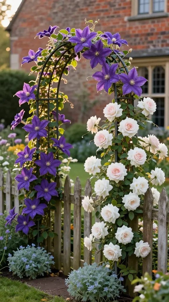 Golden-hour cottage garden scene featuring a lush clematis as the star, climbing an antique iron archway and interweaving with pale blush climbing roses; focus on two clematis varieties: ‘Etoile Violette’ with deep violet, star-shaped, velvety blooms and ‘Duchess of Edinburgh’ with creamy white double ruffled flowers, both flowering profusely from late spring to early fall. The clematis vines are trained neatly over the arch and along a weathered picket fence, with their crowns in warm sun while the bases are shaded by low mounds of lady’s mantle and soft blue nepeta. Background shows a romantic cottage facade with aged brick, soft limewashed walls, and leaded windows, framed by obelisks supporting additional clematis. Dew-kissed petals, fine tendril details, and natural backlighting create a dreamy, softly diffused bokeh. Color palette: deep violet, creamy white, blush rose, sage, and muted terracotta. Style: ultra-realistic, high-resolution garden photography, shallow depth of field, 85mm lens look, natural textures, no people, no text.