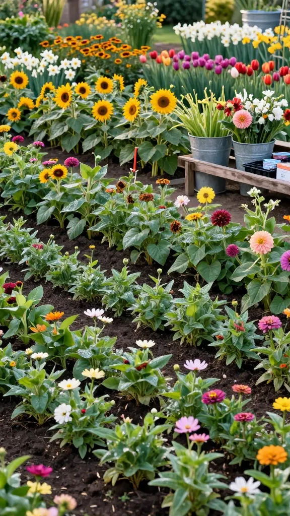 Realistic, high-resolution photo of a thriving cut-flower garden arranged in staggered succession plantings, showing abundant color and continuous blooms. Foreground: neat rows of zinnias and cosmos at different stages—fresh seedlings, budding plants, and full blooms—clearly illustrating 2–3 week sowing intervals. Midground: mixed beds with early, mid, and late varieties of sunflowers and dahlias, some just budding, others peaking, and a few fading heads for seed, demonstrating bloom waves. Background: spring bulbs (tulips and daffodils) finishing, with emerging perennials like rudbeckia and asters promising fall color. Include a few galvanized harvest buckets brimming with freshly cut stems beside a simple wooden potting bench with seed packets and labeled trays. Golden morning light, soft shadows, dewy leaves, natural soil paths, and subtle trellises for support. Color palette vibrant yet true-to-life; shallow depth of field that keeps multiple bloom stages in crisp focus while softly blurring the distant beds. No people, no text, hyper-real detail suitable for editorial garden photography.