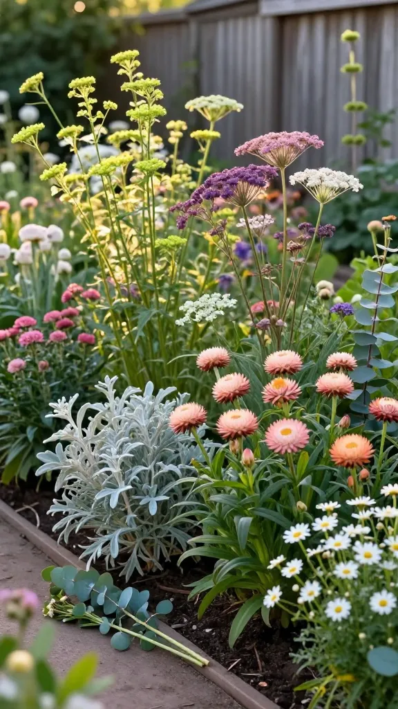 Realistic high-resolution photo of a lush “filler-first” cut flower garden bed in peak summer, captured at golden hour with soft, warm side lighting. The scene features an abundant, intentional mix of filler plants as the main subject for a cut flower garden: tall, airy bupleurum with lime-chartreuse umbels sparkling against the light; feathery ammi dara (false Queen Anne’s lace) with delicate, lacy umbels in deep mauve to soft pink and white; clusters of strawflower in pastel peach, blush, and apricot showing crisp, papery petal texture; cool-toned dusty miller with velvety silver leaves; narrow stems of juvenile eucalyptus with round, blue-green coin leaves; and cheerful feverfew with small white daisy-like blooms and golden centers. The bed is densely planted in tidy rows with a subtle pathway, set against a simple rustic backdrop of a weathered wooden fence and blurred farmhouse garden elements. Include a few cut stems resting in a galvanized harvest bucket at the path edge to hint at bouquet-making. Shallow depth of field to emphasize texture and airy structure, true-to-life colors, natural soil and mulch, gentle breeze motion suggested by slightly angled stems. No people, no text, hyper-detailed botanical realism suitable for a gardening magazine cover.