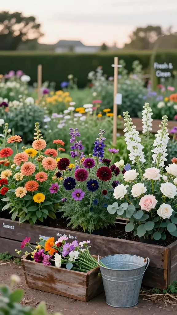 Realistic, high-resolution photo of a color-blocked cut flower garden designed for harvesting bouquets, shot at golden hour with soft, warm natural light. Foreground shows three adjacent rectangular flower beds arranged in distinct color palettes: left “Sunset” bed packed with apricot, peach, coral, and soft yellow blooms (zinnias, dahlias, calendula, snapdragons); center “Moody Jewel” bed with wine, plum, navy, and deep magenta flowers (scabiosa, cosmos ‘Rubenza’, dark dahlias, larkspur, sweet peas); right “Fresh & Clean” bed featuring white, cream, blush, and sage-green accents (garden roses, cosmos ‘Purity’, stock, lisianthus, eucalyptus). A weathered wooden harvest trug and open galvanized flower bucket sit on a mulched path in front, filled with freshly snipped stems that clearly match just one bed’s palette. Subtle plant labels, tidy drip lines, and bamboo stakes indicate a working cut-flower garden. Background shows soft-focus hedgerow and sky, with bokeh. Shallow depth of field, crisp detail on petals and foliage, natural textures, no text.