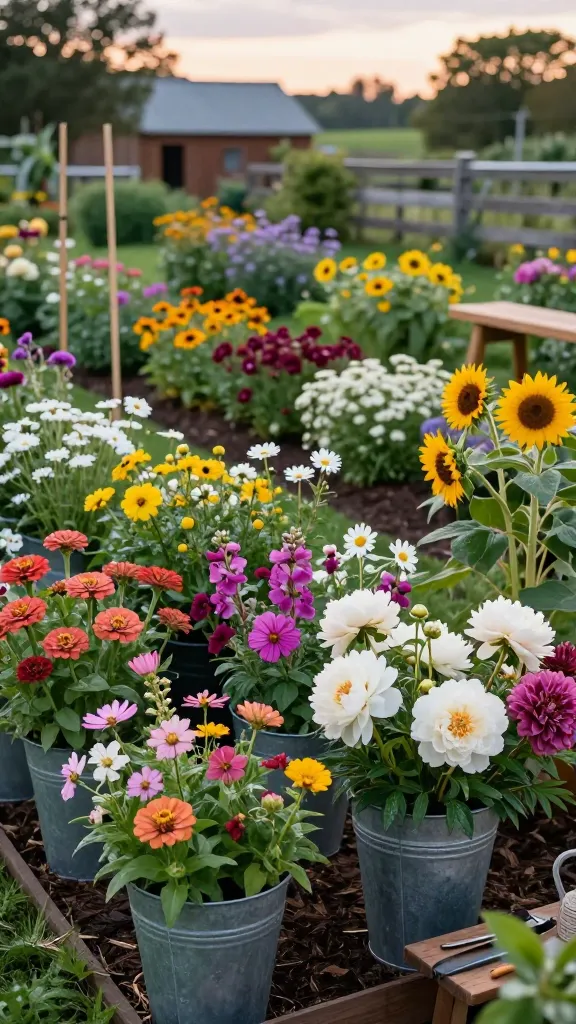 A lush, realistic cut-flower garden at peak season, photographed at golden hour in soft, natural light. Foreground shows galvanized steel buckets overflowing with freshly cut blooms (zinnias, cosmos, snapdragons, celosia, amaranth, scabiosa, sunflowers) alongside reliable perennials (phlox, echinacea/coneflower, yarrow, rudbeckia/black-eyed Susan, bee balm, shasta daisy). Mid-ground features organized garden beds mixing annuals and perennials in harmonious color waves—corals, magentas, sunny yellows, creamy whites, and deep burgundies—interplanted for continuous bloom. Include a few “diva” stems prominently in the buckets: large café-au-lait style dahlia heads and lush peony blooms with soft ruffled petals. Subtle garden details: bamboo stakes supporting taller sunflowers and amaranth, tidy mulch paths, dew-kissed foliage, a simple wooden potting bench with snips and twine. Background shows a modest farmhouse and split-rail fence, out of focus, with a warm sky. Hyper-detailed petals and textures, shallow depth of field, high-resolution, natural colors, realistic documentary-style photography.