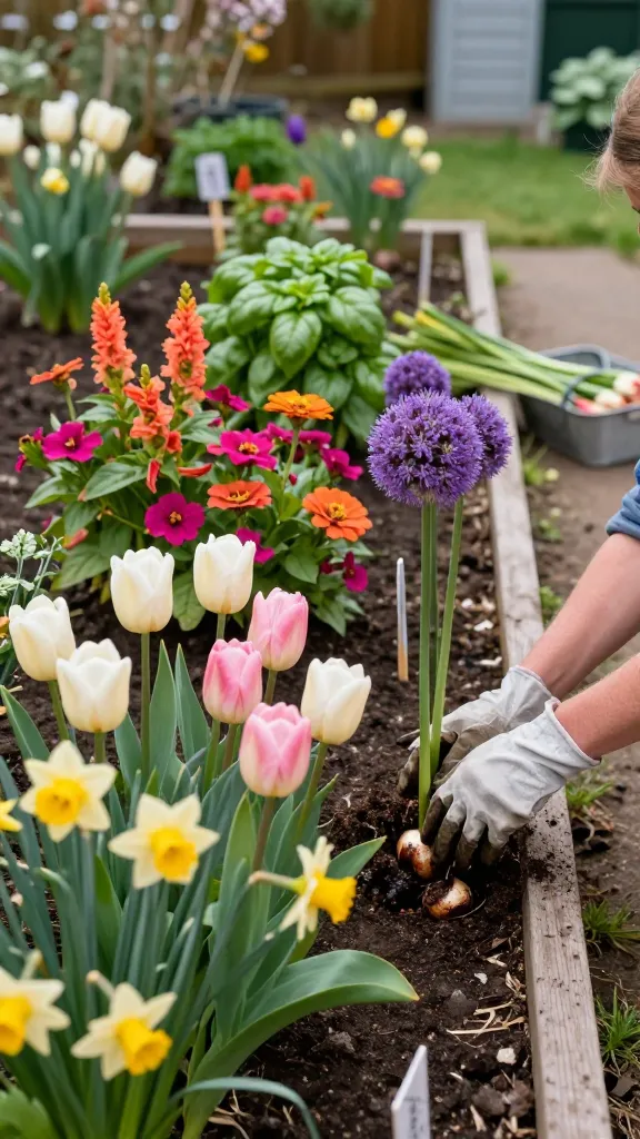A high-resolution, realistic garden photo showing a cut-flower bed designed for continuous blooms: in the foreground, elegant spring bulbs—clumps of creamy-white and soft-pink tulips, sunny daffodils, and tall purple alliums—are finishing their show, with a gardener’s gloved hands gently lifting spent tulip bulbs and adding a thin layer of dark compost. In the adjacent row of the same bed, early-summer heat lovers are being plugged in: vibrant zinnias in coral, magenta, and tangerine; frilly, flame-colored celosia; and lush green basil plants for foliage and scent. The scene is a tidy backyard cutting garden with neat soil, labeled stakes, and a simple wooden border, bathed in warm late-spring light. Subtle bokeh reveals more bulbs in back and a small shed, while a trug with harvested spring stems rests on a path. Natural colors, shallow depth of field, realistic textures on petals and leaves, documentary-style composition, no text.