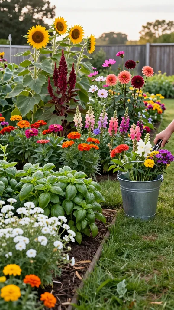 Realistic, high-resolution photo of a thriving cut flower garden arranged in tall-to-short rows for easy harvesting, captured at golden-hour light. Back row: towering sunflowers with bold heads, deep red amaranth plumes, airy pink and white cosmos, and tall dinner-plate dahlias in coral and burgundy. Middle row: dense blocks of vibrant zinnias, pastel garden phlox, and upright snapdragons in mixed shades. Front row: low, lush fillers including basil with glossy green leaves, clusters of white feverfew daisies, and cheerful dwarf marigolds in orange and yellow. Clearly defined grass or wood-chip paths 18–24 inches wide run between rows, with a galvanized metal harvest bucket half-filled with fresh-cut stems set on a path. A gardener’s hand with pruning snips reaches toward a zinnia without stepping into beds, emphasizing the smart layout. Background shows a simple rustic fence and soft-focus trees under a bright sky. Natural colors, crisp detail on petals and foliage, slight depth of field blur on background, no text.