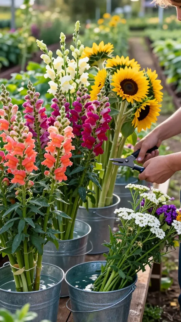 Realistic high-resolution photo of a lush cut-flower garden at golden hour, focused on a gardener’s hands harvesting long-lasting bouquet varieties for buckets of blooms: tall rows of snapdragons with one-third of florets open, firm-petaled zinnias in vivid coral, magenta, and lemon, sunflowers at cracking bud with first petals peeking, elegant lisianthus stems with multiple buds, and clusters of yarrow and papery statice. The scene shows clean, stainless snips trimming stems early morning light, leaves being stripped below the waterline, and freshly cut stems immediately plunged into tall galvanized buckets of cool water lined up on a rustic potting bench. Dew-kissed petals, crisp green foliage, soft backlighting and shallow depth of field highlight texture and freshness; subtle soil paths and orderly beds in the background convey a working cut-flower garden, natural colors, ultra-detailed, 50mm lens look, professional editorial farm-to-vase style. No text.