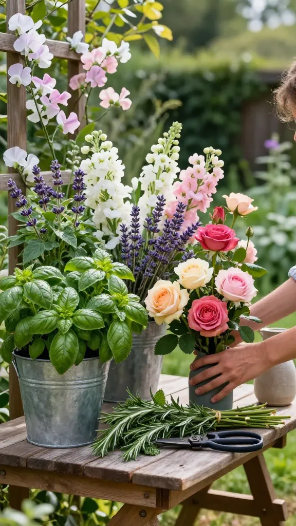 Realistic, high-resolution photo of a sunlit backyard cut-flower garden designed for abundant seasonal bouquets, with a rustic wooden harvest table and galvanized buckets overflowing with blooms. Emphasize “scented sidekicks” tucked among the main cutting flowers: delicate pastel sweet peas on a trellis, frilly white and pink stock, sprigs of aromatic herbs (basil ‘Mrs. Burns’ Lemon’, mint, rosemary, lavender), and a few richly scented garden roses chosen for fragrance. Show a gardener’s hands assembling a balanced bouquet—mostly colorful seasonal cuts with just a few aromatic stems for lift—on the table beside vintage pruning shears and a small ceramic pitcher. Include textured foliage, dewy petals, and soft morning light creating gentle bokeh. Natural colors, true-to-life details, shallow depth of field, no text, ultra-realistic, editorial-quality garden photography.