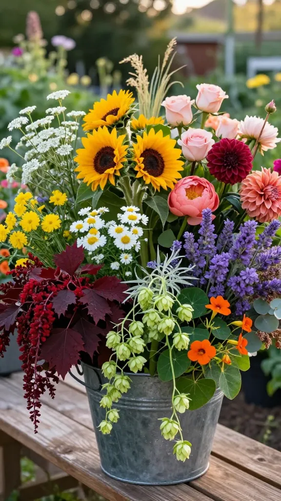 A realistic, high-resolution photo of a bountiful cut-flower harvest arranged in a rustic galvanized bucket on a wooden potting bench outdoors, demonstrating the “thriller, filler, spiller” method. The main subject is vibrant seasonal cut flowers: large focal “thrillers” like golden sunflowers, coral and burgundy dahlias, blush peonies, and soft pink garden roses standing tall at the center. Around them, airy “fillers” add texture and lightness—white ammi (false Queen Anne’s lace), chartreuse bupleurum, cheery white-and-yellow feverfew, and lavender statice. Cascading “spillers” trail gracefully over the rim: deep red tassel amaranth, delicate green love-in-a-puff vine with lantern-like seed pods, orange trailing nasturtiums with round leaves, and soft green hop bines. Lush foliage frames the composition—dark burgundy ninebark leaves, smoky purple plumes of smoke bush, silvery eucalyptus sprigs, and wisps of ornamental grasses. Warm late-afternoon golden hour light, shallow depth of field, softly blurred flower rows in the background to hint at a working cut-flower garden. Natural, true-to-life colors, crisp detail in petals and foliage, slight dew on leaves, no text. Photographed at eye level with a 50mm lens for a lifelike, editorial-quality garden scene.