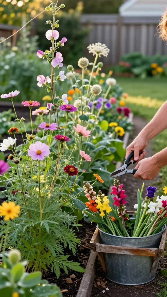 Realistic high-resolution photo of a vibrant “cut-and-come-again” flower bed designed as a narrow speed lane in a sunny backyard garden, overflowing with peak-season blooms ready for harvesting. Foreground shows a gardener’s hands with clean snips clipping long zinnia stems cut deep above a node; surrounding plants include: tall, airy cosmos with semi-open daisy-like blooms and tight buds; sweet peas climbing a simple twine trellis, with fresh pastel blossoms being picked to prevent seed set; scabiosa showing pincushion flowers, spherical buds, and papery seed pods for texture; and snapdragons with spent spikes freshly deadheaded alongside new vivid spikes. Include a weathered wooden trug and galvanized harvest bucket brimming with mixed stems on a mulched path. Natural golden morning light, soft bokeh background with vegetable beds and a cedar fence, visible dew on petals and foliage, true-to-life colors and textures, shallow depth of field, documentary garden photography style, no text.